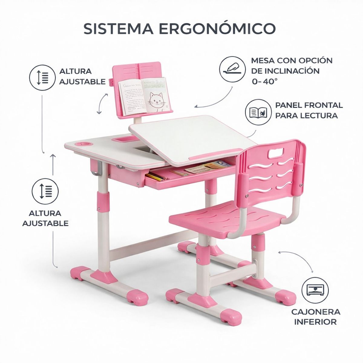 SPACE HOME - Set Escritorio Rosado Con Silla Ergonomica Para Niños