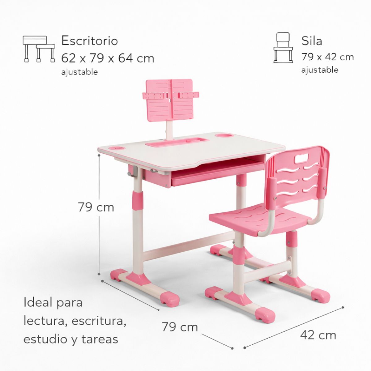 SPACE HOME - Set Escritorio Rosado Con Silla Ergonomica Para Niños