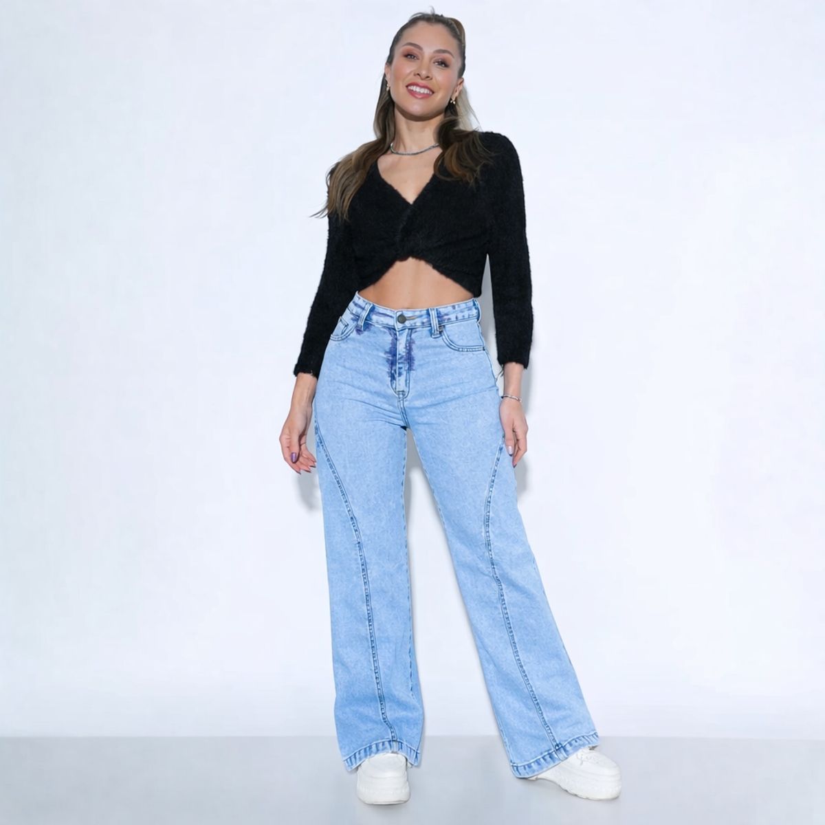 DOBLE V - Jeans Mujer Doble V Wide Leg Tiro Alto Elasticado Calce Perfecto