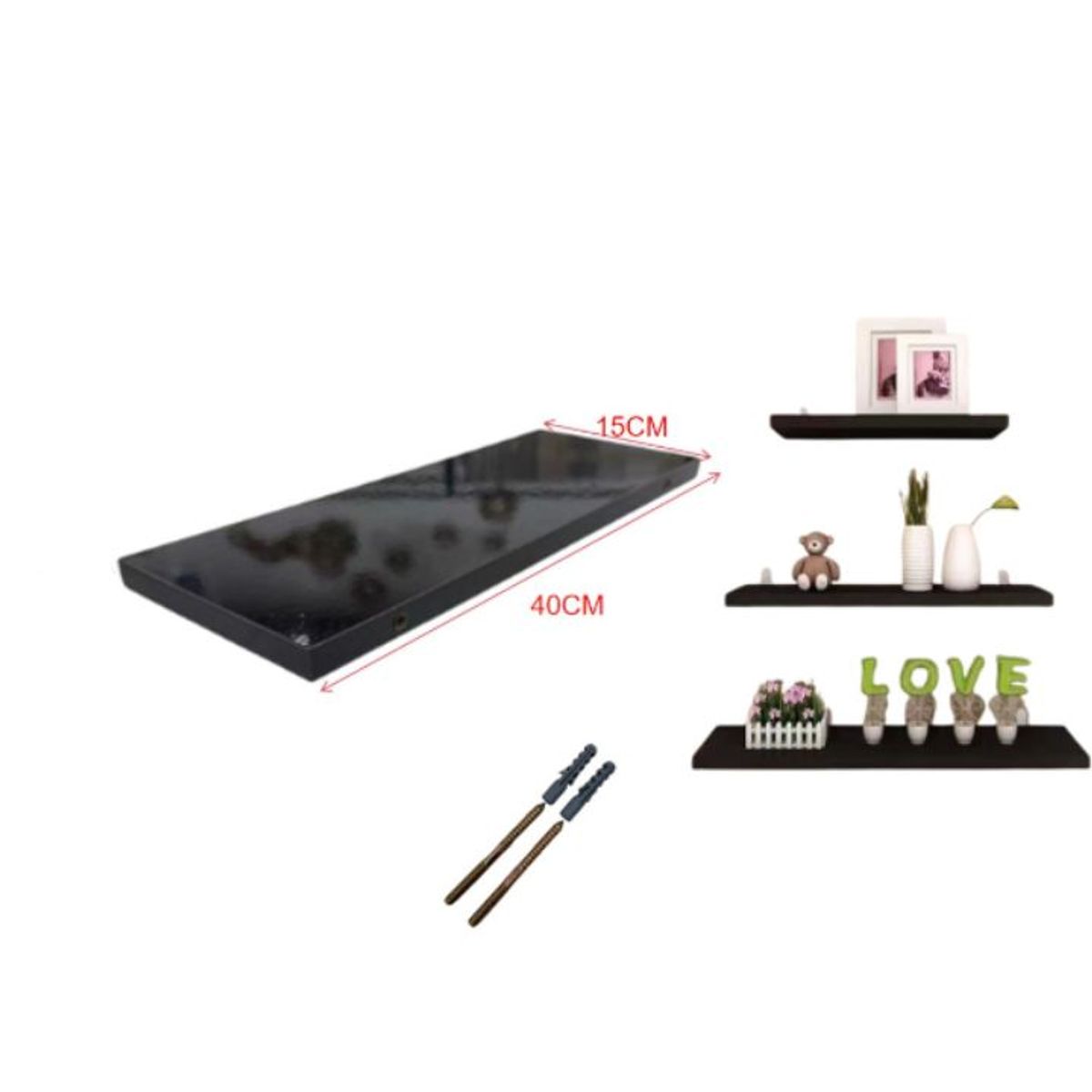 GENERICO - Repisa de Madera Reforzada 1.8 cm - 40 x 15 cm - Estante Flotante Negro 1pcs