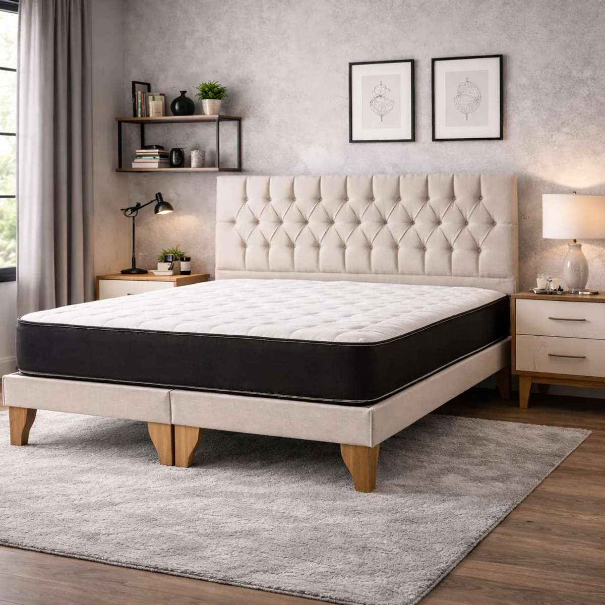 GENERICO - Cama Europea 2 Plazas Base dividida Respaldo Capitone Beige Colchón hibrido