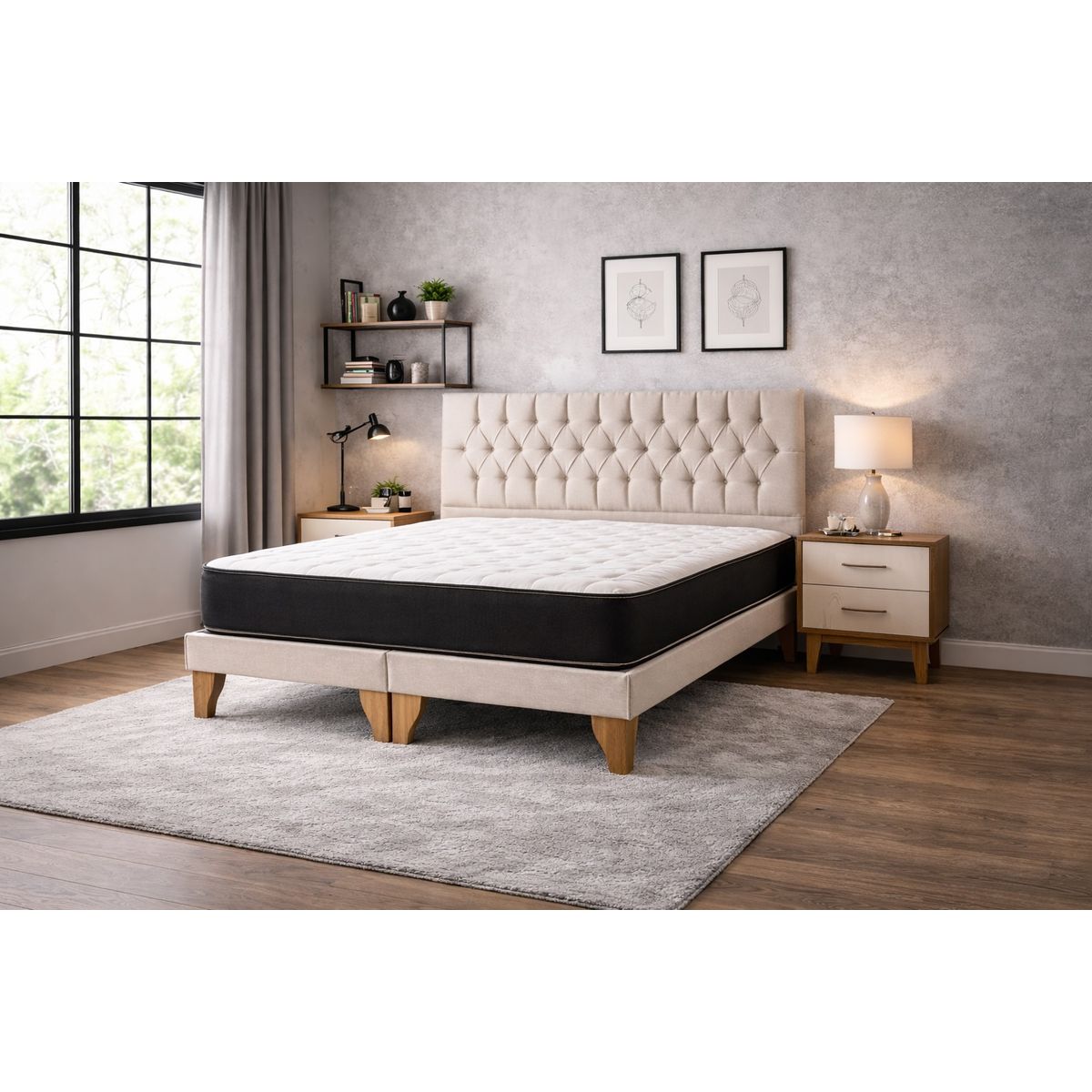 GENERICO - Cama Europea 2 Plazas Base dividida Respaldo Capitone Beige Colchón hibrido
