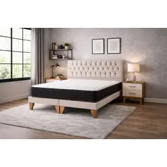 GENERICO - Cama Europea 2 Plazas Base dividida Respaldo Capitone Beige Colchón hibrido