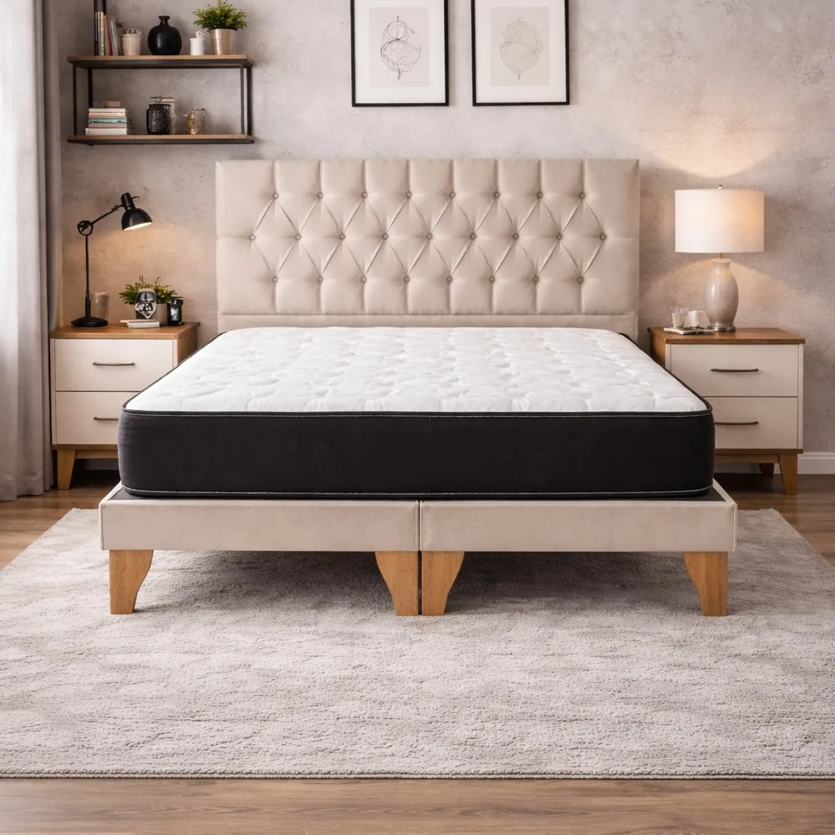 GENERICO - Cama Europea 2 Plazas Base dividida Respaldo Capitone Beige Colchón hibrido