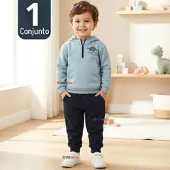 JUMP KIDS - Conjunto 2 Piezas Buzo Pantalón Y Polerón Con Capucha Azul Dinosaurio Niño
