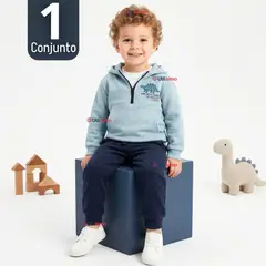 JUMP KIDS - Conjunto 2 Piezas Buzo Pantalón Y Polerón Con Capucha Azul Dinosaurio Niño