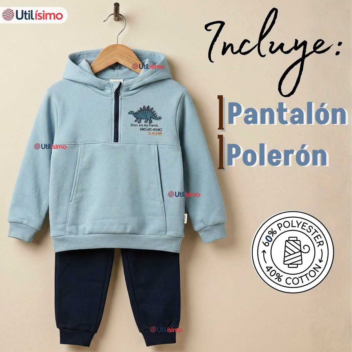 JUMP KIDS - Conjunto 2 Piezas Buzo Pantalón Y Polerón Con Capucha Azul Dinosaurio Niño