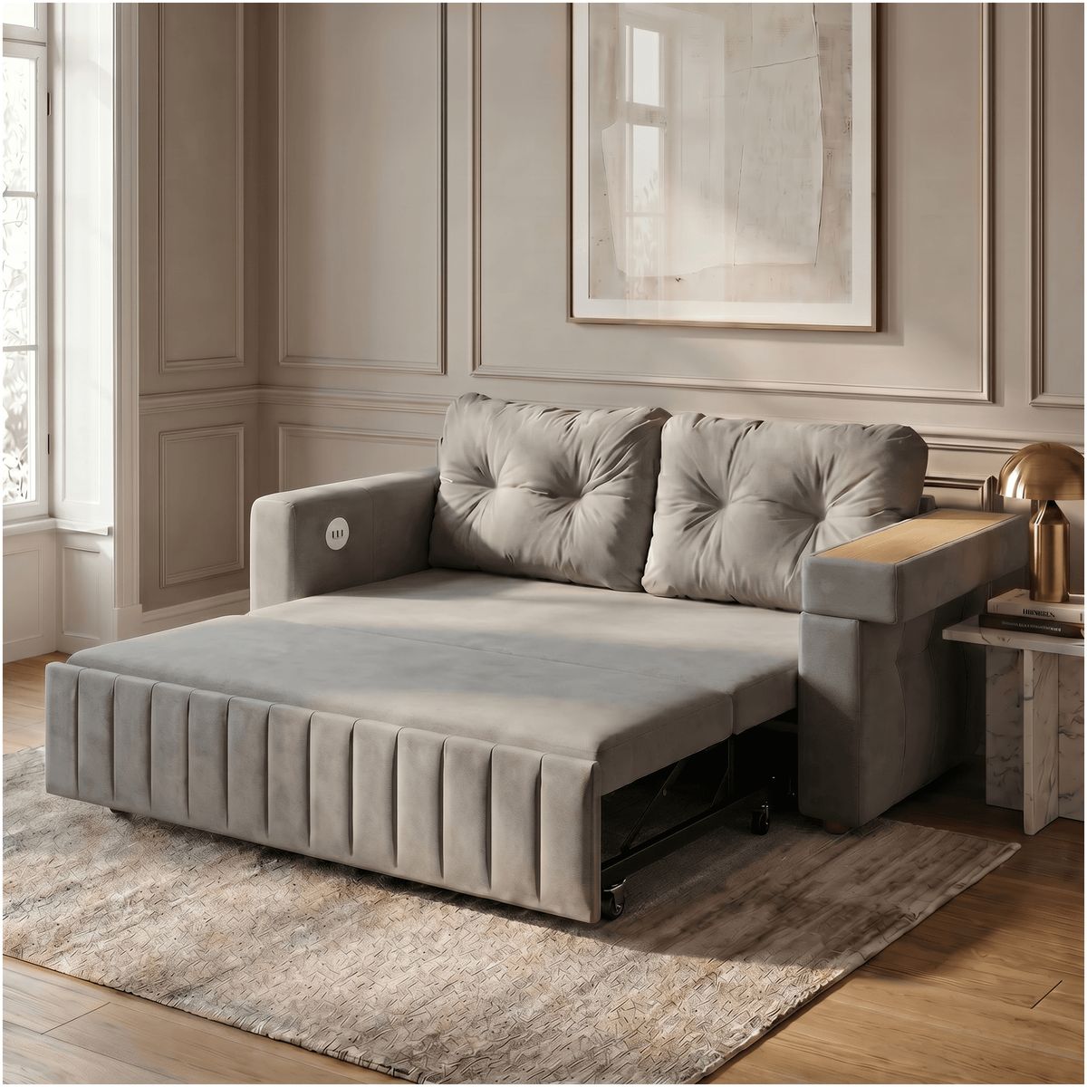 HOMER DESIGN - Sofa Cama 2 Cuerpo Alcenamiento Cama 1.5 Plazas Con Cargador