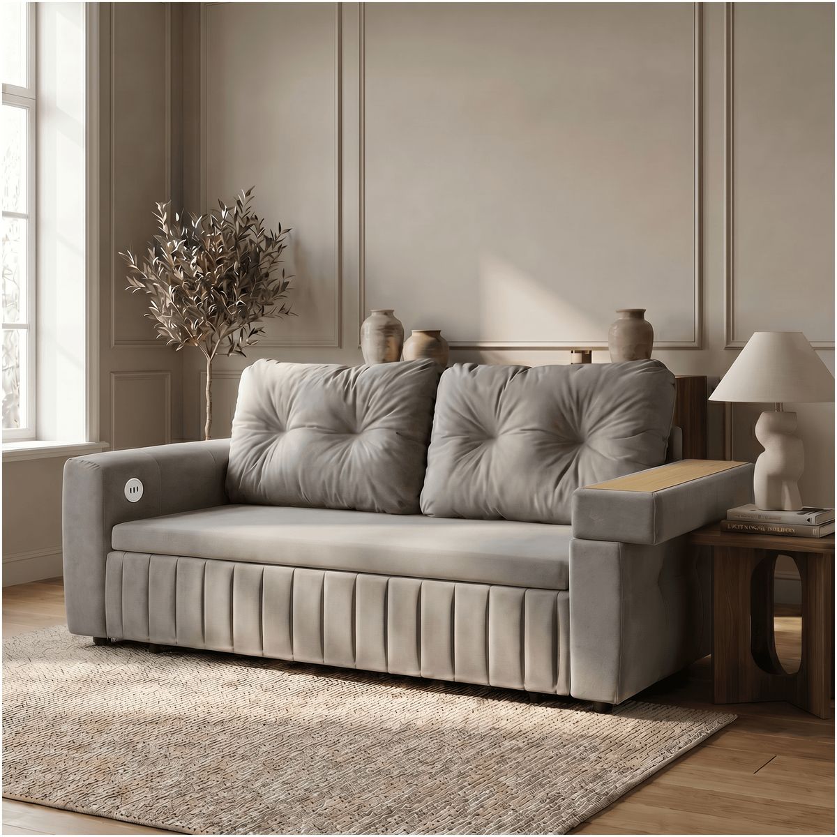 HOMER DESIGN - Sofa Cama 2 Cuerpo Alcenamiento Cama 1.5 Plazas Con Cargador