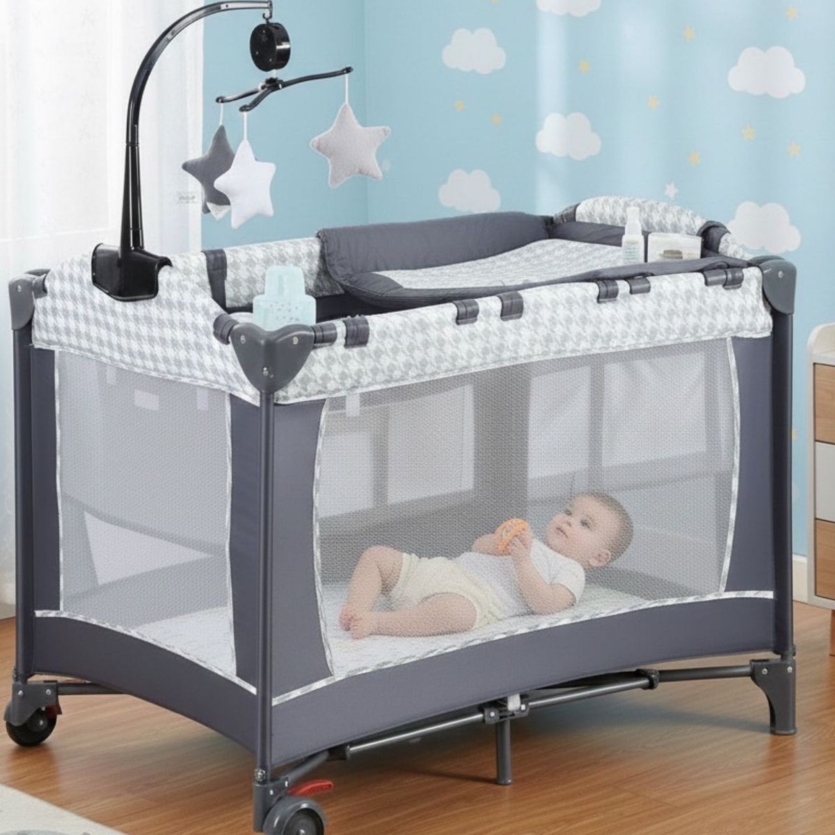 GENERICO - Corral Cuna Pack & Play 3 en 1 con Mudador Móvil y Organizador Gris Houndstooth