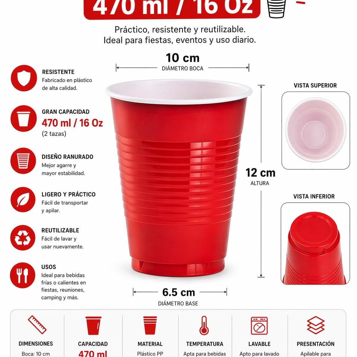 JAGIMA - Vaso Plastico Rojo Desechable Fiesta 470 ml x 50 uds