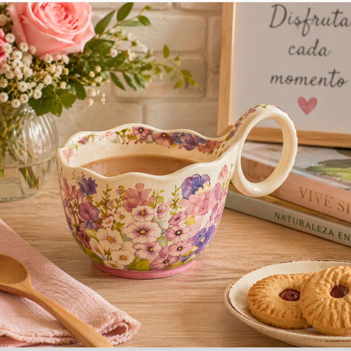 GENERICO - Taza Grande Asa Curva Floral Ceramica Ergonomica Hogar