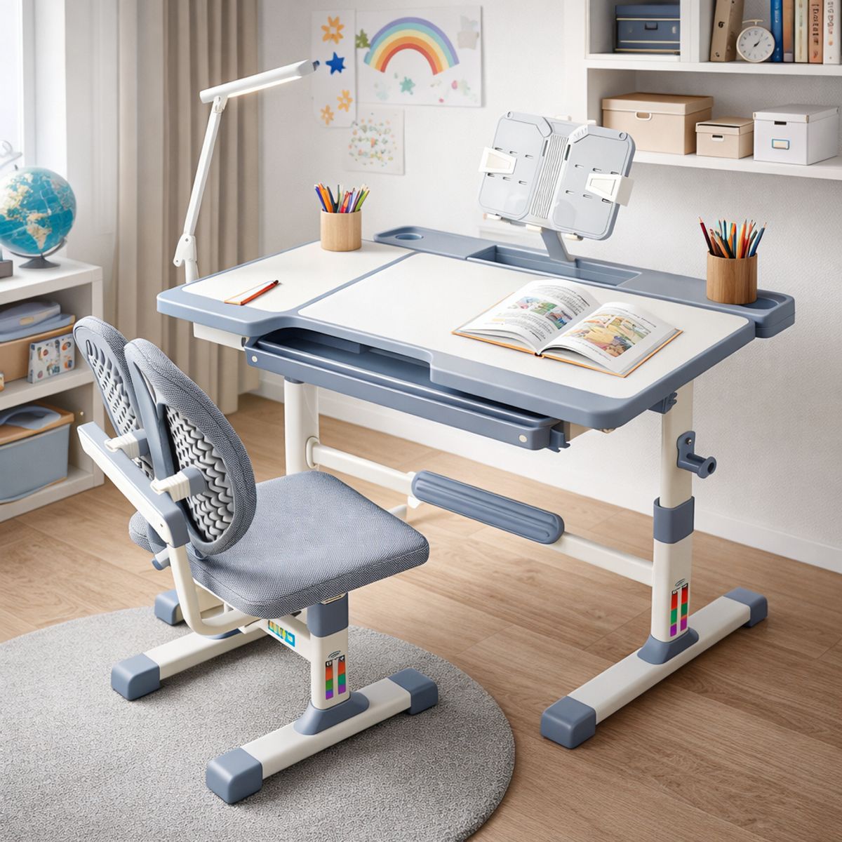 SPACE HOME - Set Escritorio Gris Con Silla Ergonomica Para Niños