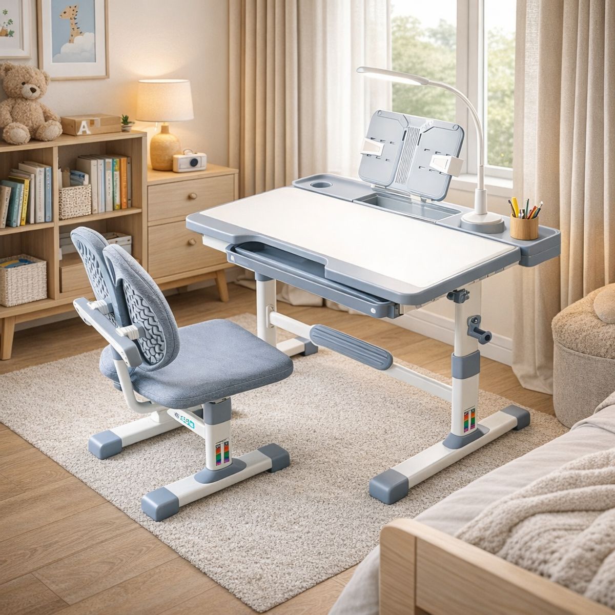 SPACE HOME - Set Escritorio Gris Con Silla Ergonomica Para Niños