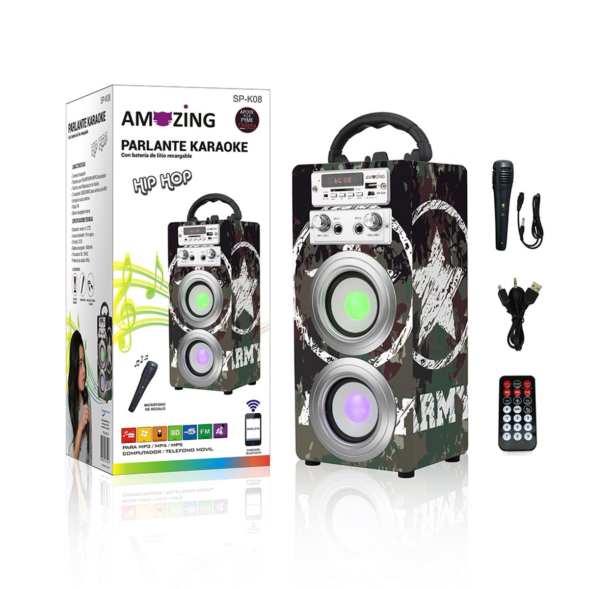 AMAZING - Parlante Karaoke Bluetooth Recargable Hip-Hop. Army