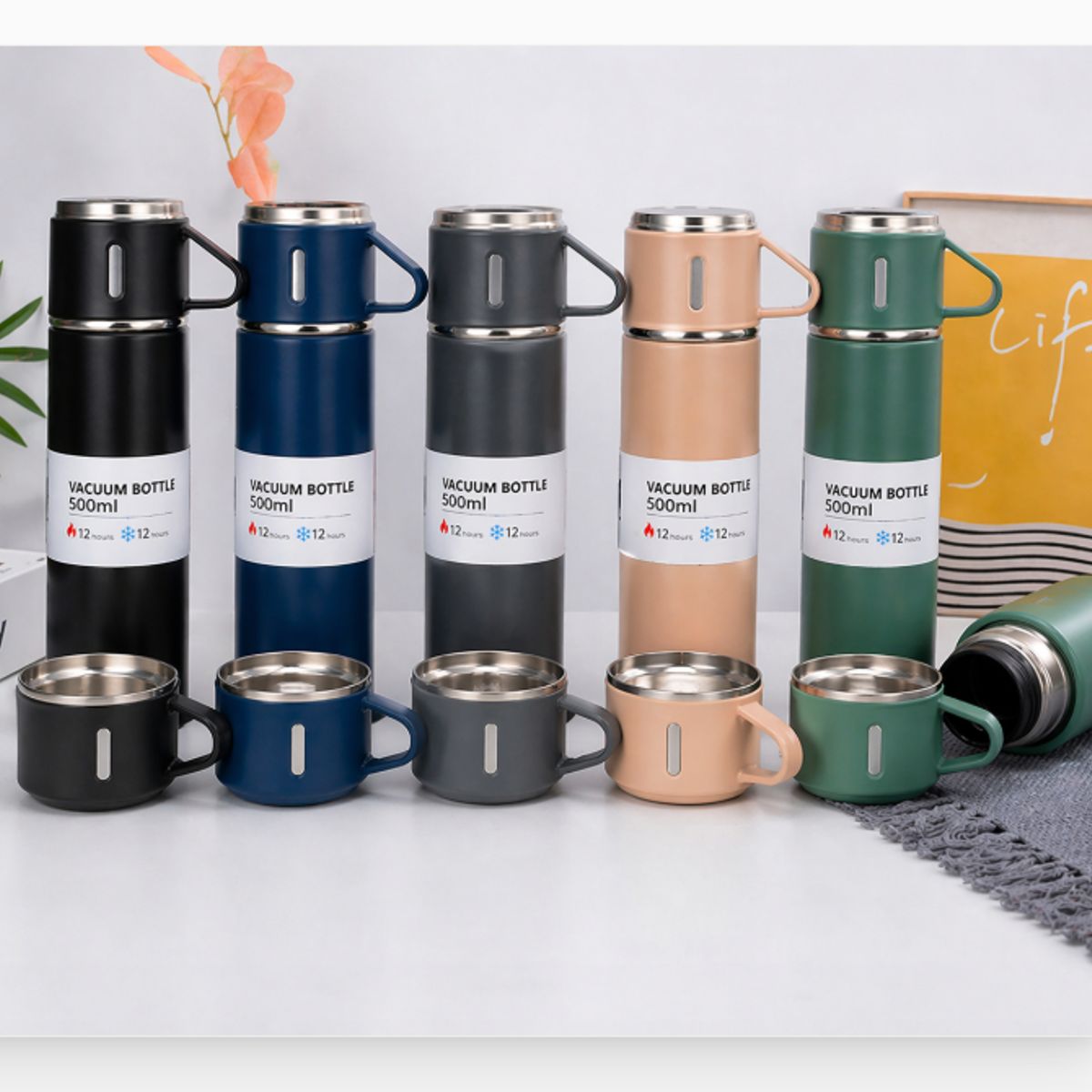 GENERICO - Termo 500Ml Con 2 Vasos Set Termico Portatil Colores