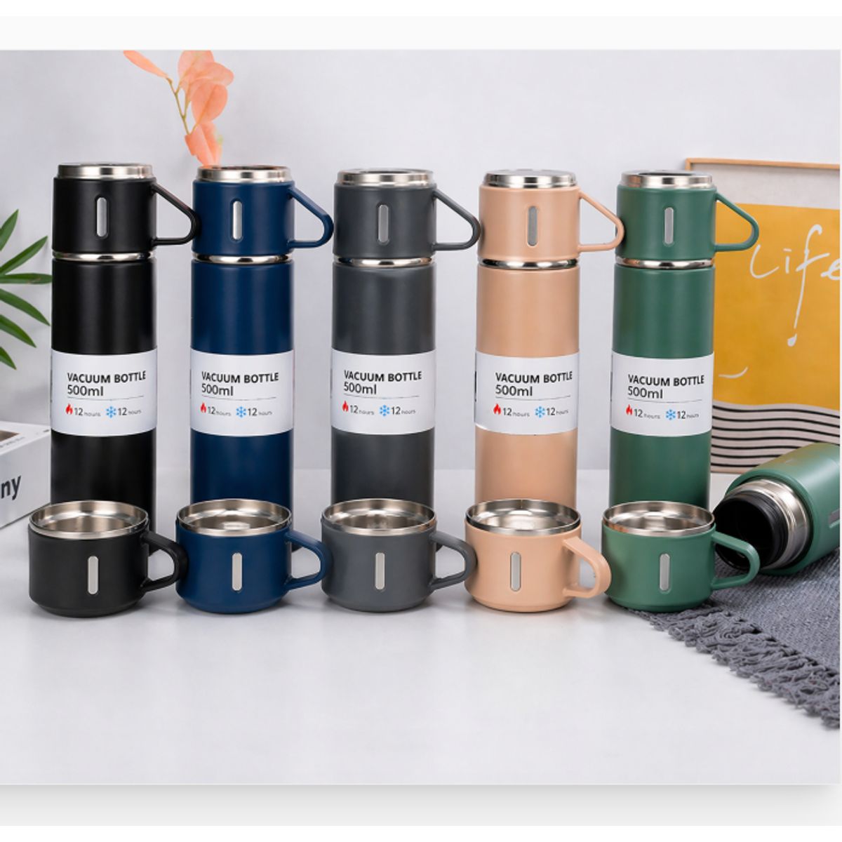 GENERICO - Termo 500Ml Con 2 Vasos Set Termico Portatil Colores