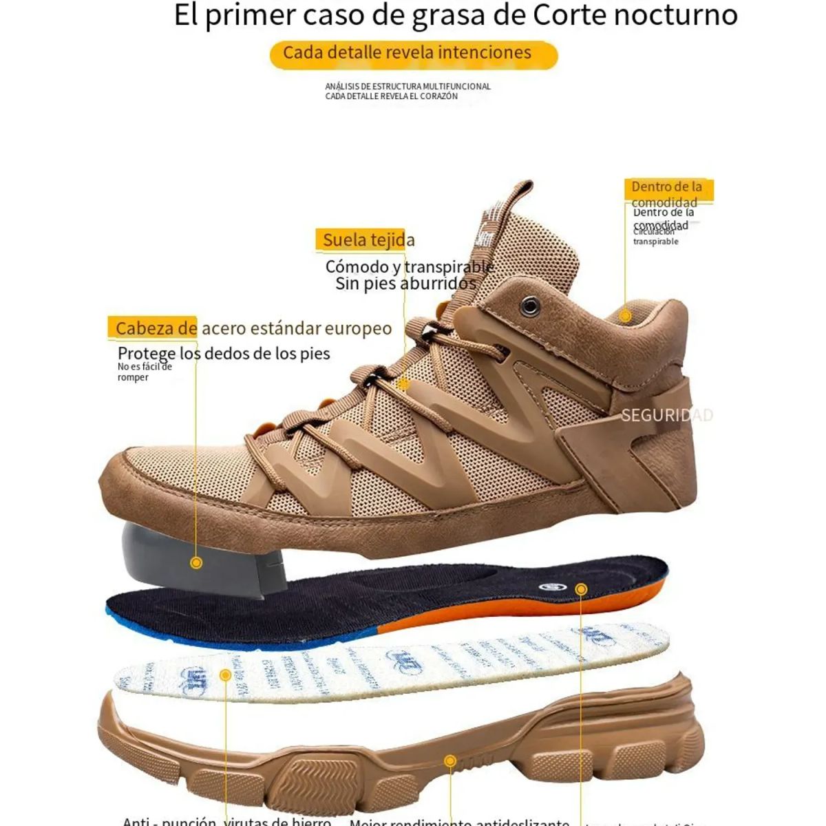 TIOZONEY - zapatos de seguridad laboral con punta de acero antigolpes beige