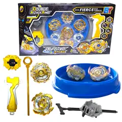 GENERICO - Box o Set Bley Blade, 2 Trompos de batalla con 4 carcasas, 2 Lanzadores y Bey Mini Estadio.