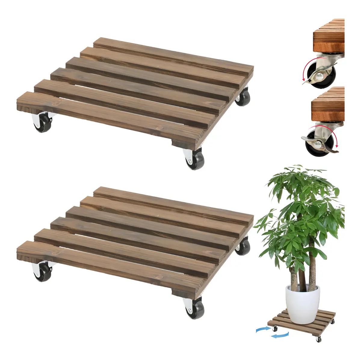 GENERICO - 2pcs Porta Macetas Madera 35x35cm Soportes Base Con Ruedas