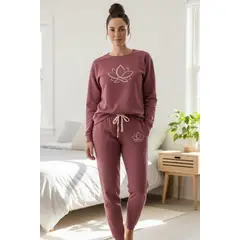 KOWHAI - Pijama Franela Mujer Estampado Flor de Loto Burdeo