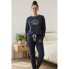 KOWHAI - Pijama Franela Mujer Estampado Flor de Loto Acero