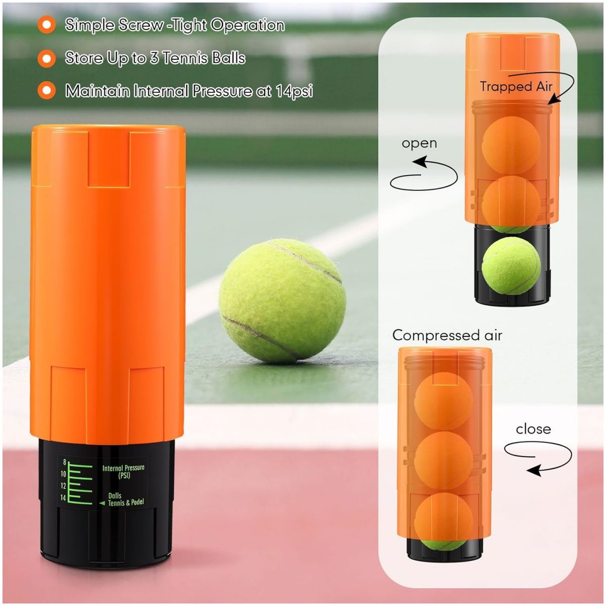 KUANGYE - Presurizador de Pelotas de Tenis y Padel Portátil,3 bolas,14 Psi,para retención de rebote