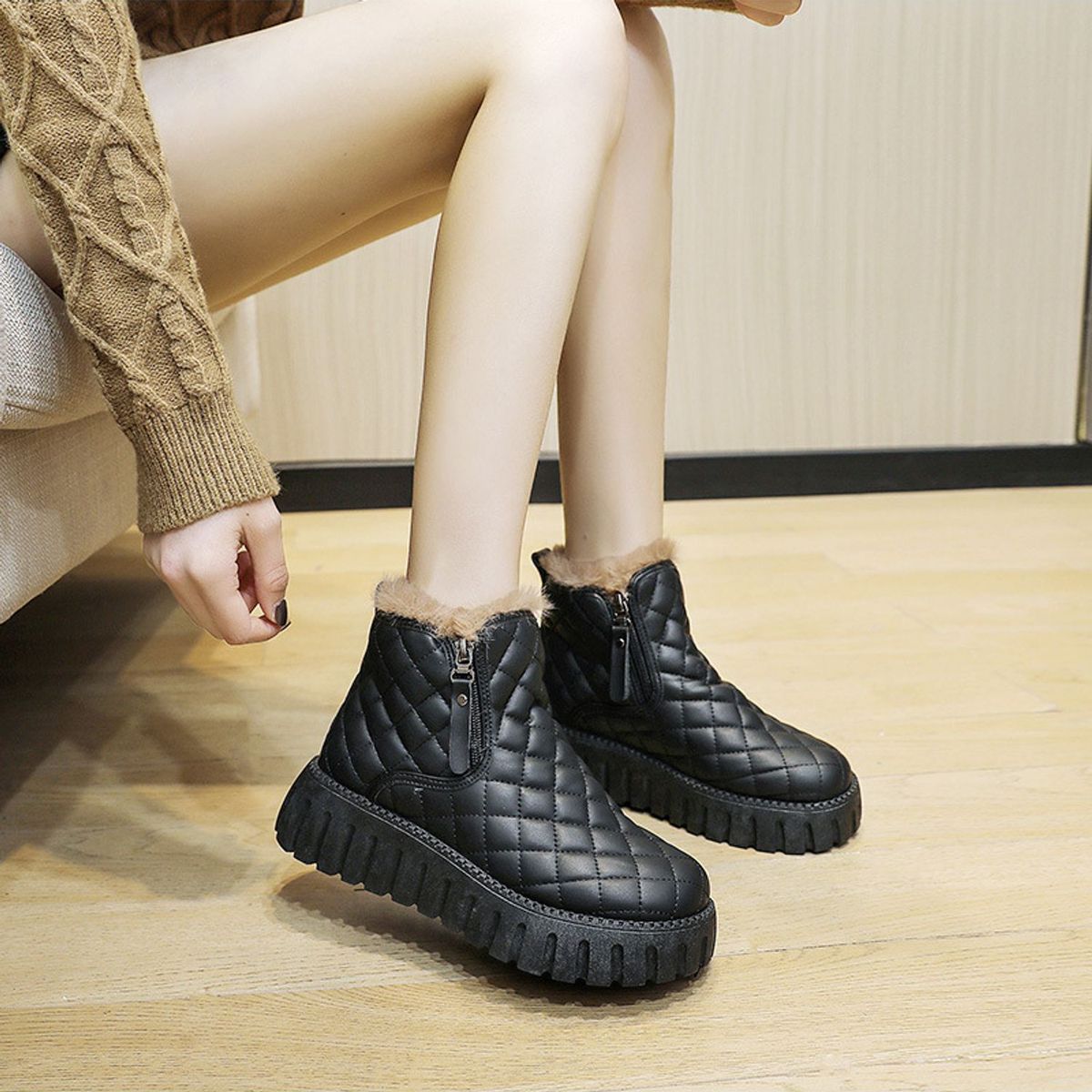 TIOZONEY - Botas de nieve cortas de felpa para mujer