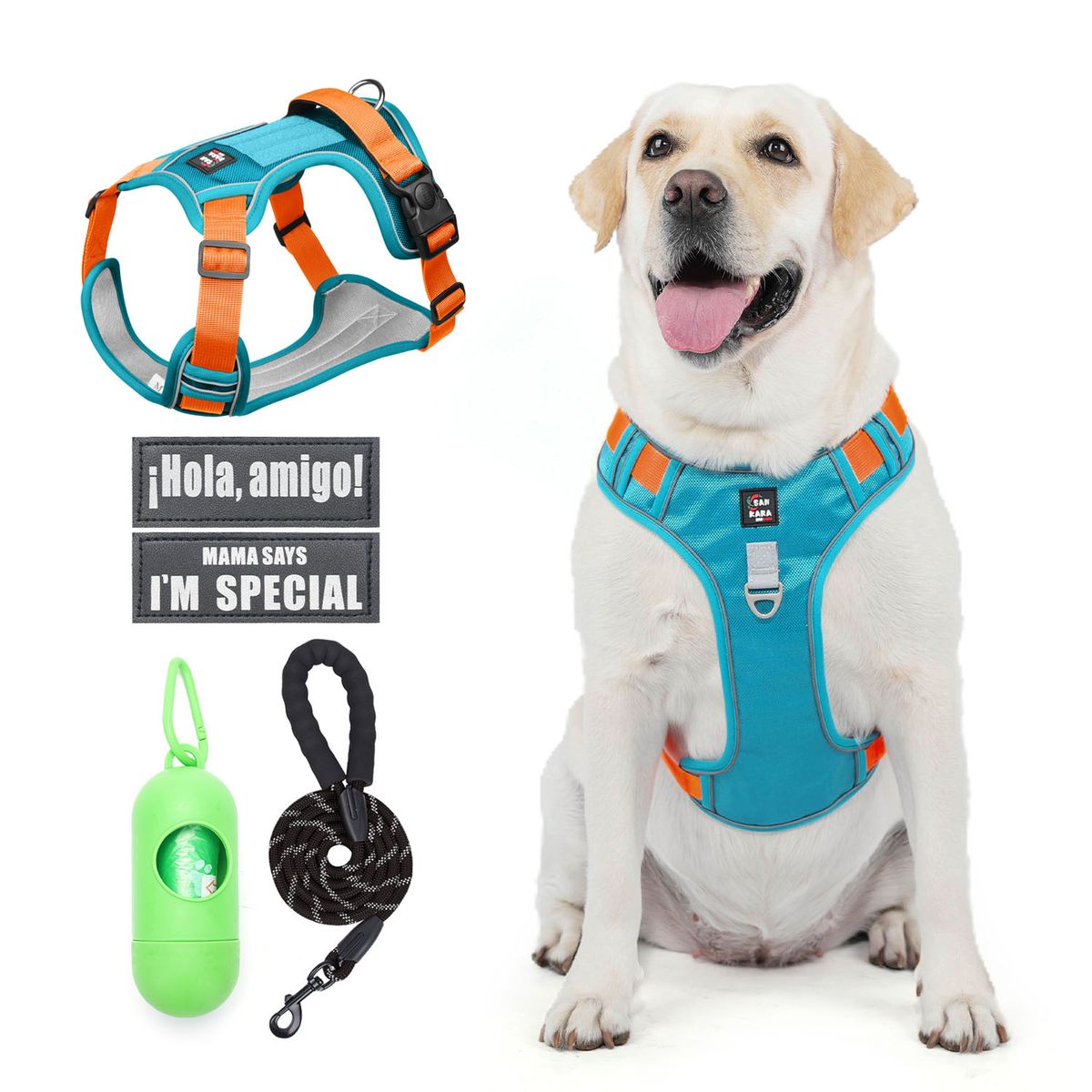 SANKARA - Arnés para Perro Ajustable con Correa y Velcro Antitirones Reflectante AZUL Talla XL
