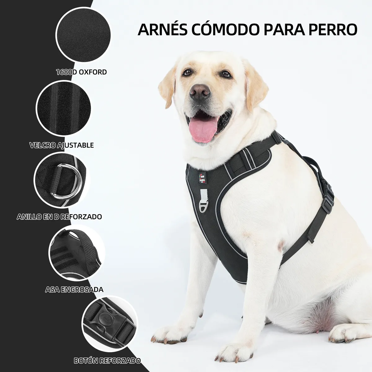SANKARA - Arnés para Perro Ajustable con Correa y Velcro Antitirones Reflectante NEGRO Talla XL
