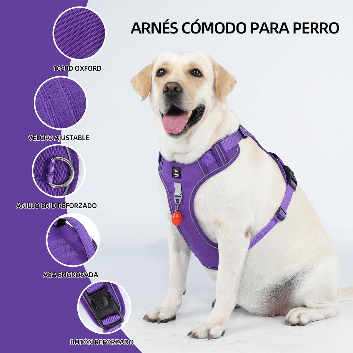 SANKARA - Arnés para Perro Ajustable con Correa y Velcro Antitirones Reflectante VIOLETA Talla L
