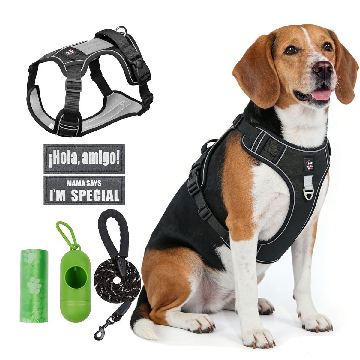 SANKARA - Arnés para Perro Ajustable con Correa y Velcro Antitirones Reflectante NEGRO Talla S