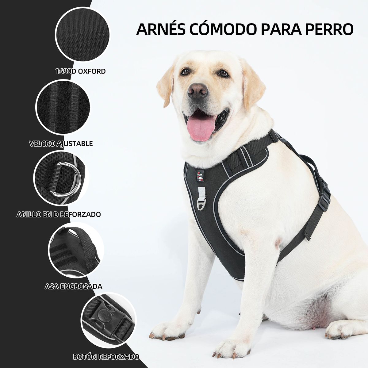 SANKARA - Arnés para Perro Ajustable con Correa y Velcro Antitirones Reflectante NEGRO Talla S