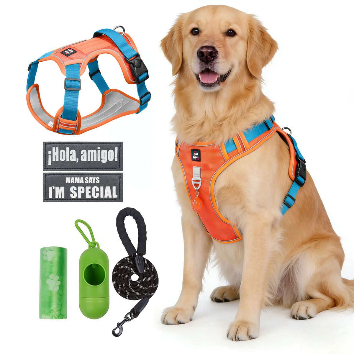 SANKARA - Arnés para Perro Ajustable con Correa y Velcro Antitirones Reflectante NARANJA Talla M