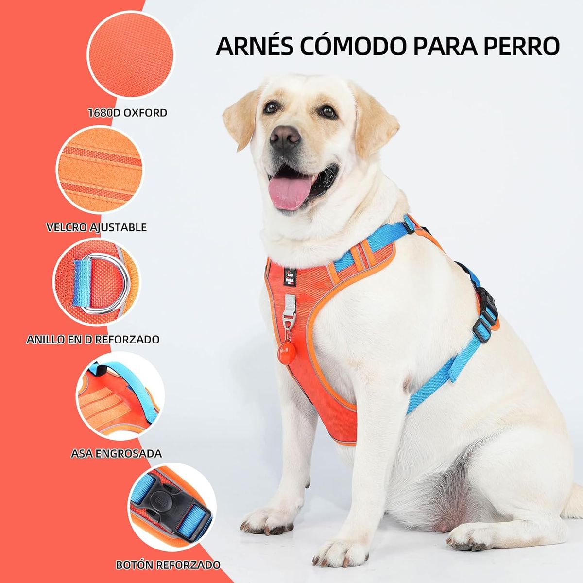 SANKARA - Arnés para Perro Ajustable con Correa y Velcro Antitirones Reflectante NARANJA Talla L