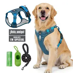 SANKARA - Arnés para Perro Ajustable con Correa y Velcro Antitirones Reflectante AZUL MARINO Talla S