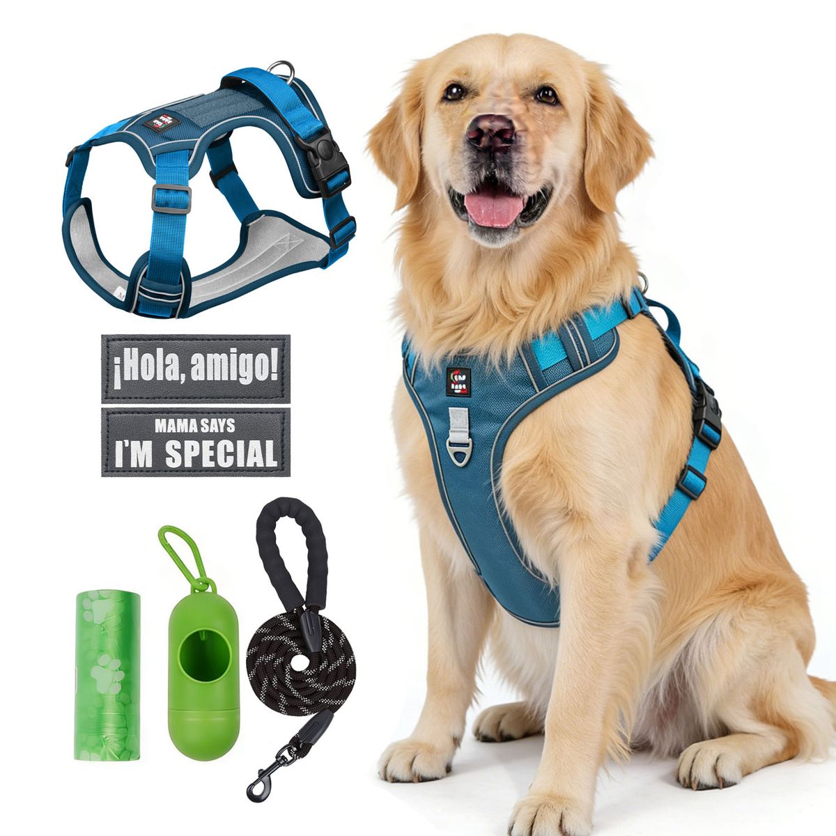 SANKARA - Arnés para Perro Ajustable con Correa y Velcro Antitirones Reflectante AZUL MARINO Talla L
