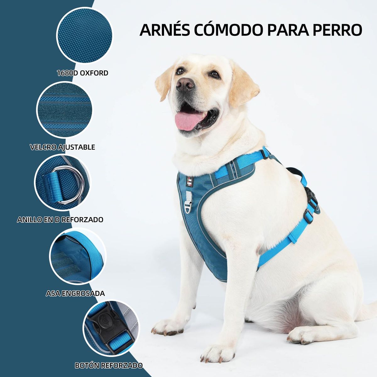 SANKARA - Arnés para Perro Ajustable con Correa y Velcro Antitirones Reflectante AZUL MARINO Talla L
