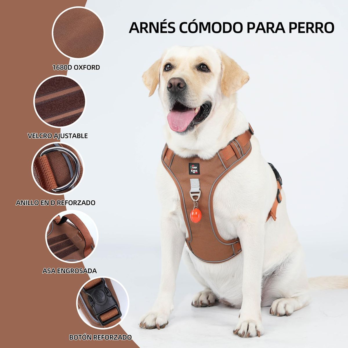 SANKARA - Arnés para Perro Ajustable con Correa y Velcro Antitirones Reflectante MARRON Talla L