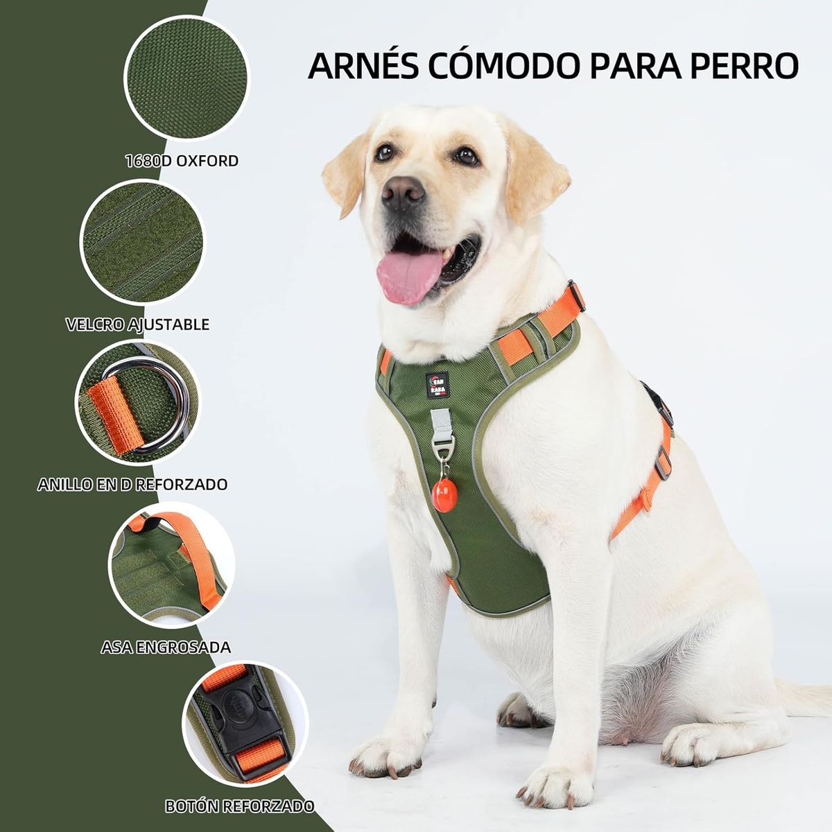 SANKARA - Arnés para Perro Ajustable con Correa y Velcro Antitirones Reflectante VERDE MUSGO Talla M