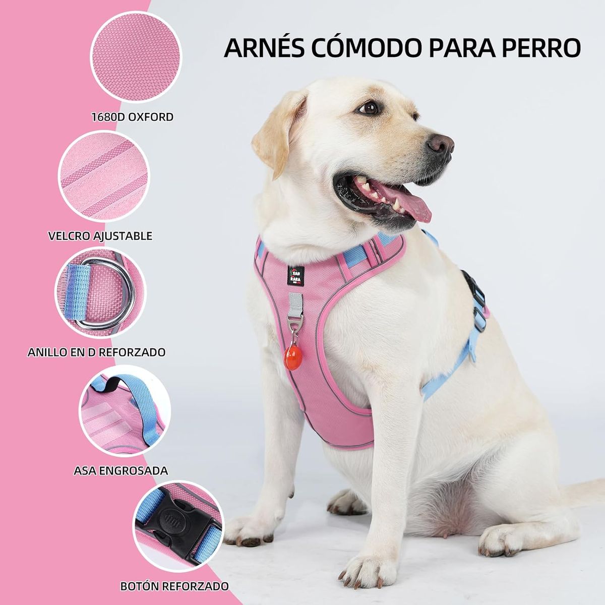 SANKARA - Arnés para Perro Ajustable con Correa y Velcro Antitirones Reflectante ROSA CLARO Talla S