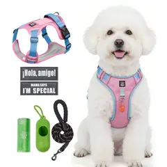 SANKARA - Arnés para Perro Ajustable con Correa y Velcro Antitirones Reflectante ROSA CLARO Talla M