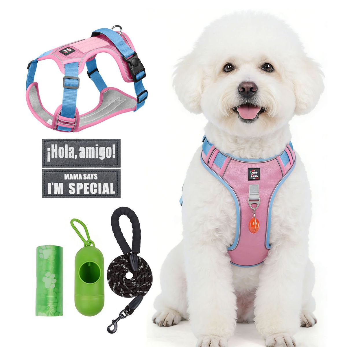 SANKARA - Arnés para Perro Ajustable con Correa y Velcro Antitirones Reflectante ROSA CLARO Talla L