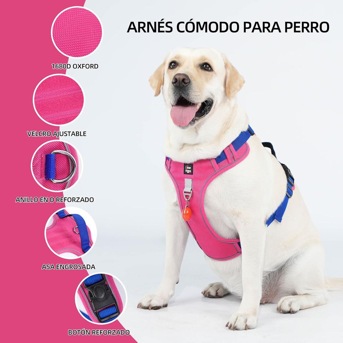 SANKARA - Arnés para Perro Ajustable con Correa y Velcro Antitirones Reflectante ROSA Talla S