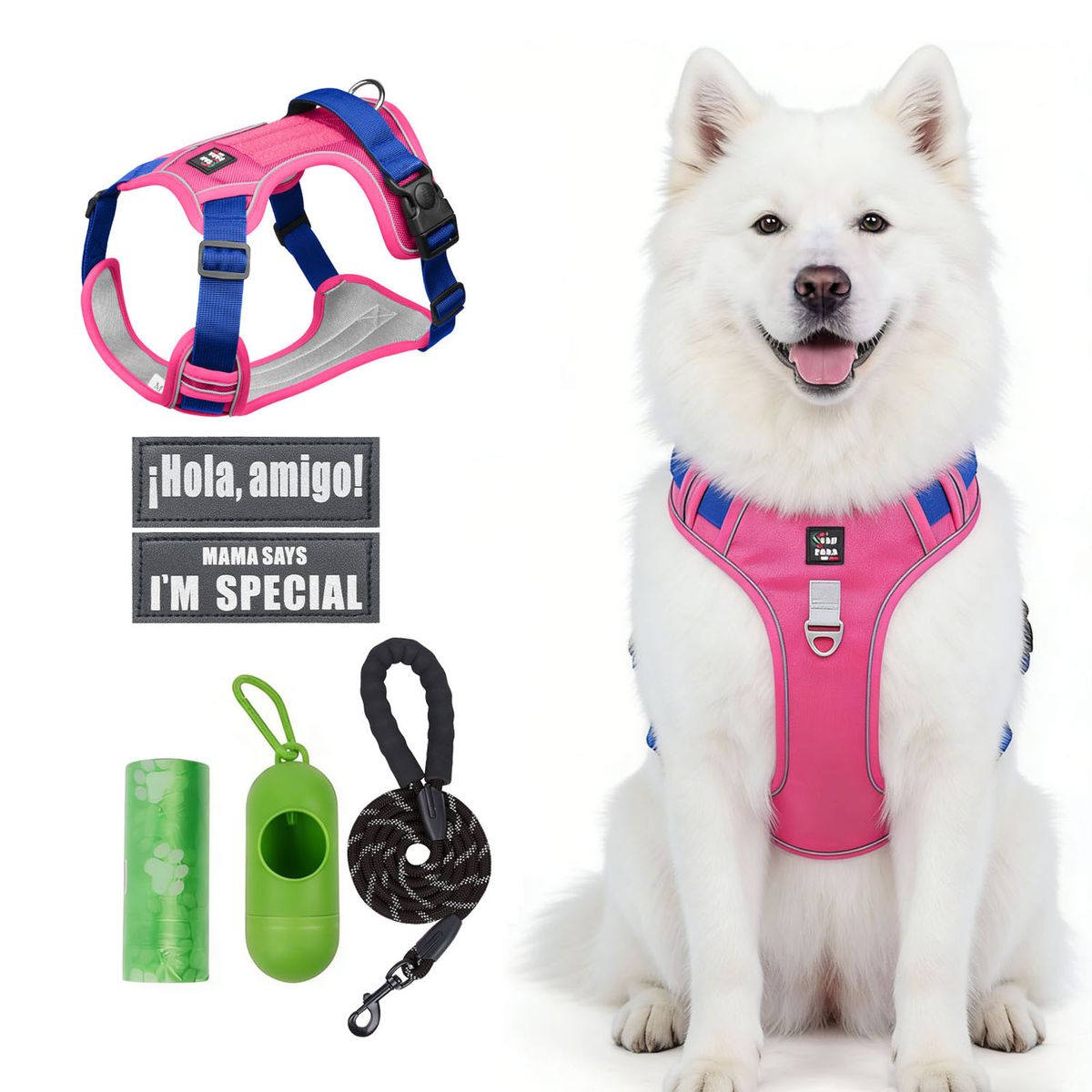 SANKARA - Arnés para Perro Ajustable con Correa y Velcro Antitirones Reflectante ROSA Talla M