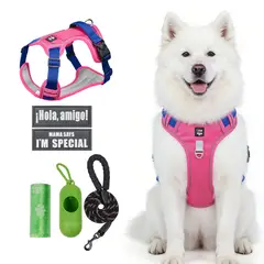 SANKARA - Arnés para Perro Ajustable con Correa y Velcro Antitirones Reflectante ROSA Talla M