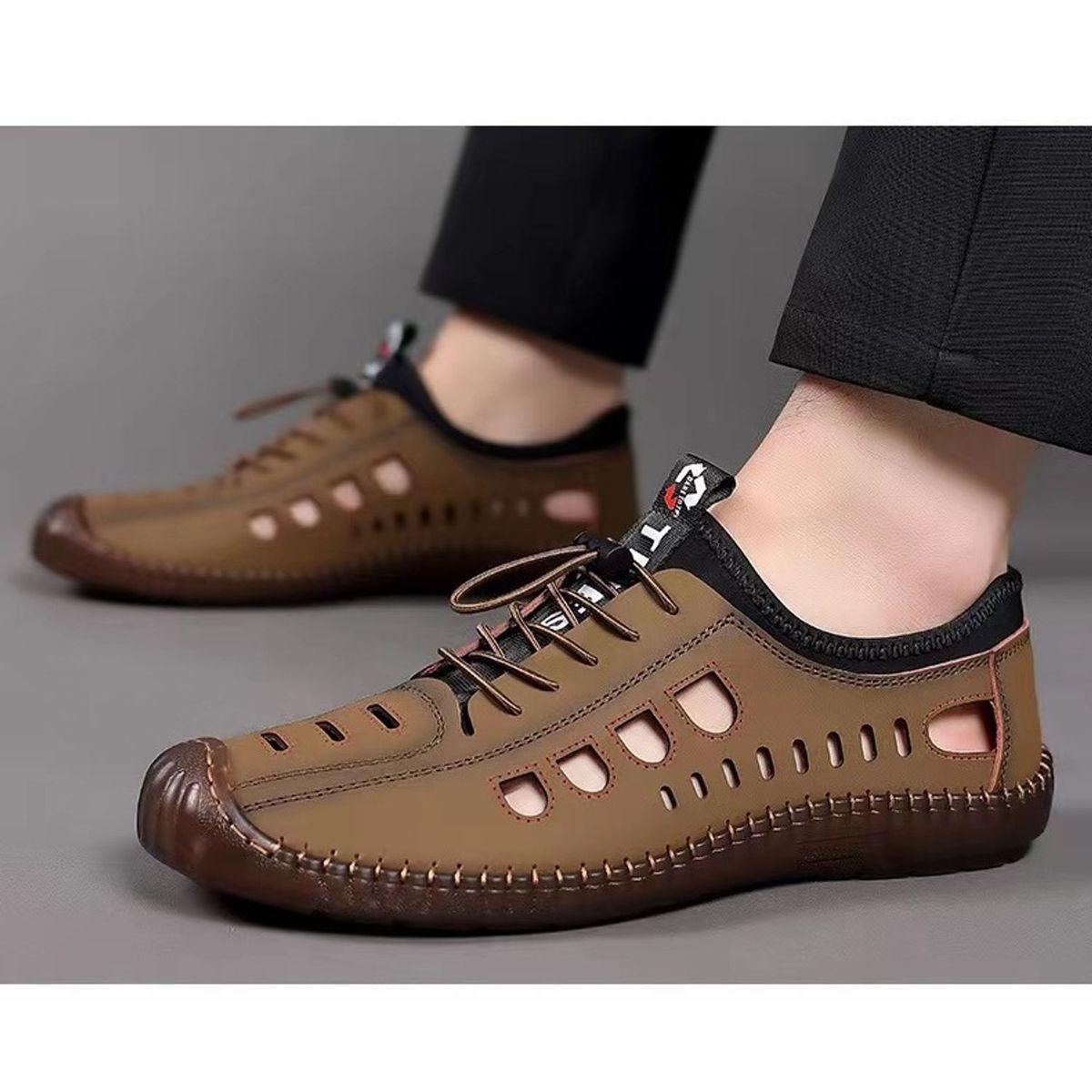 TIOZONEY - Sandalias abiertas para hombre-Marrón