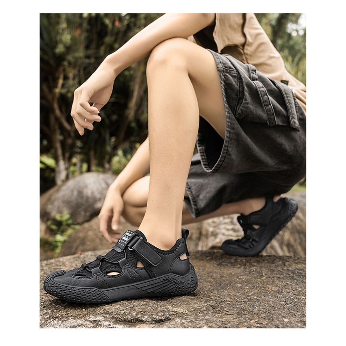 TIOZONEY - Sandalias caladas para hombre-Negro