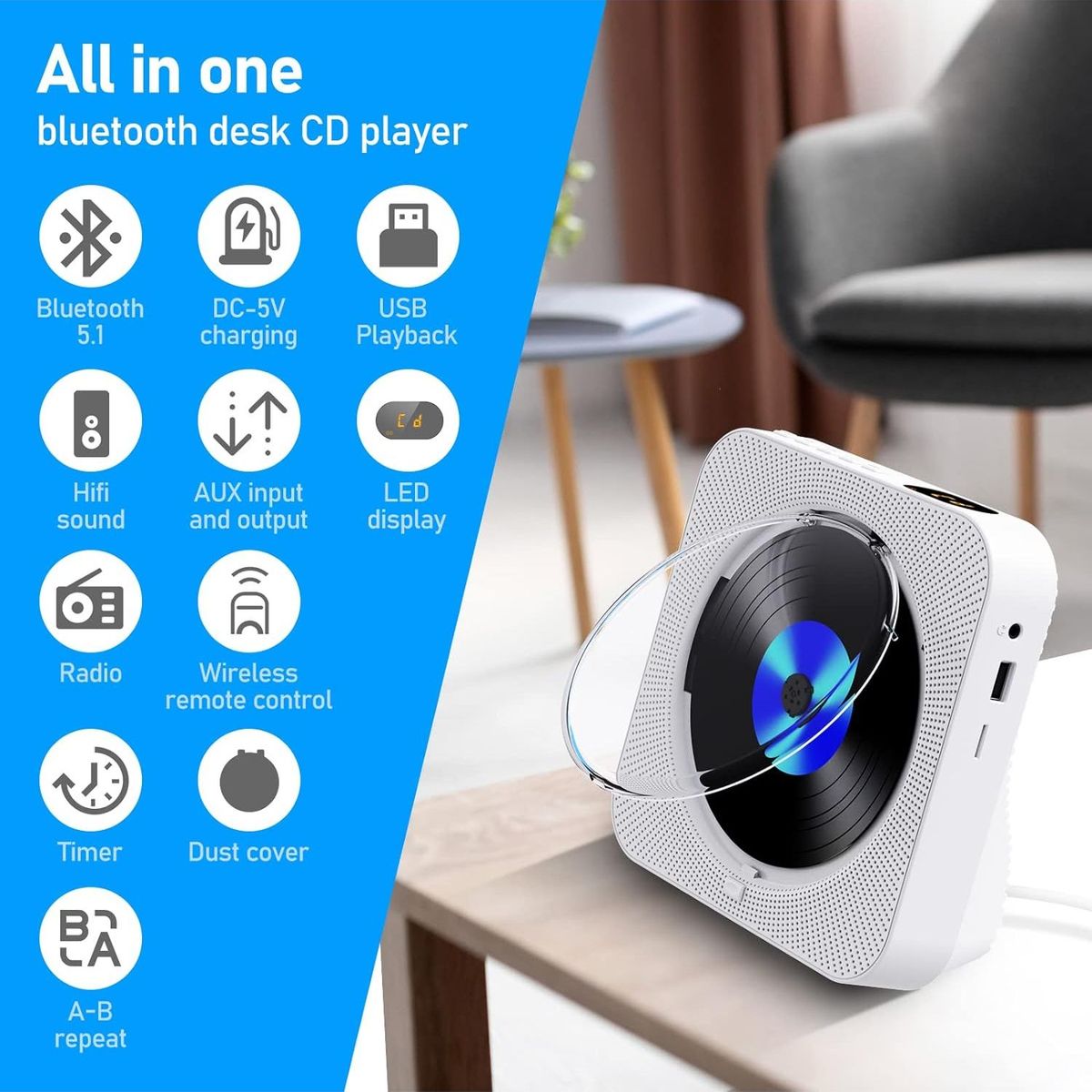 TIOZONEY - Reproductor de CD Bluetooth Pantalla LED Verde