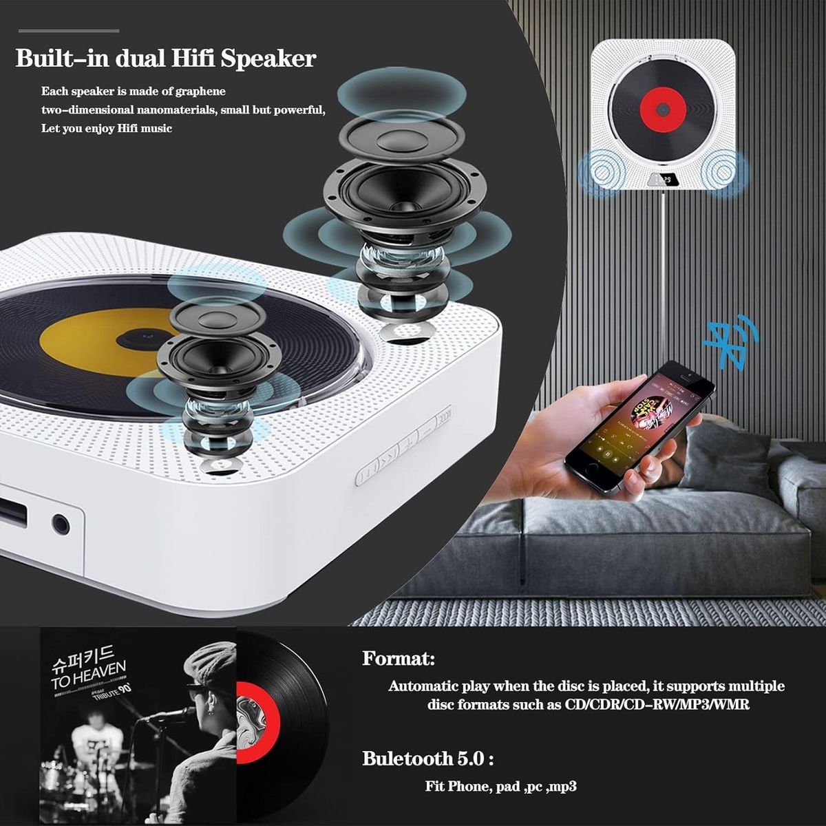 TIOZONEY - Reproductor de CD Bluetooth Pantalla LED